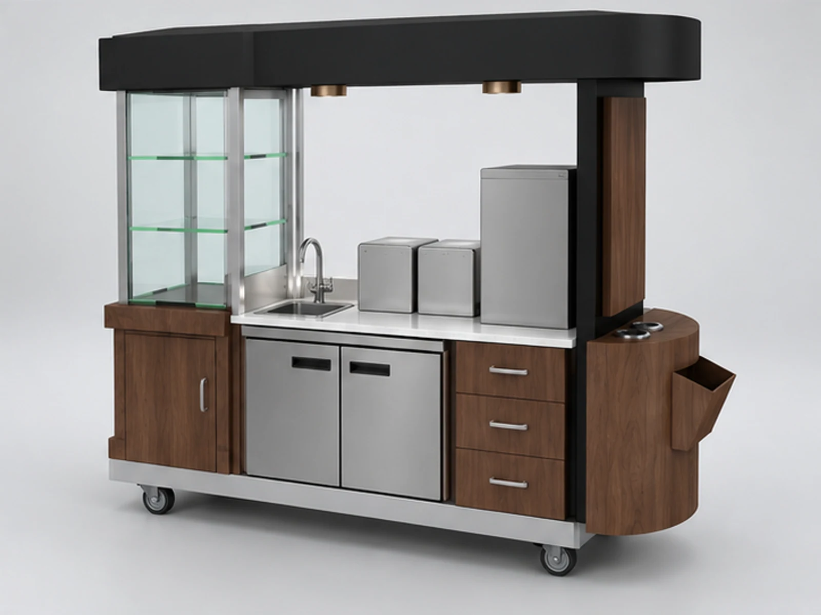 1.8m by 0.7m functional coffee trolley design mobile food cart for sale staff-side equipment and storage view