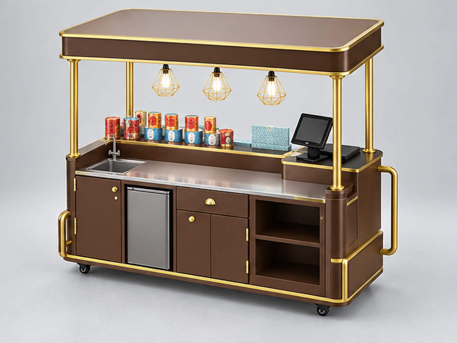 1.9m by 0.8m cafe mobile bike street use coffee trolley share with you staff-side equipment and storage view
