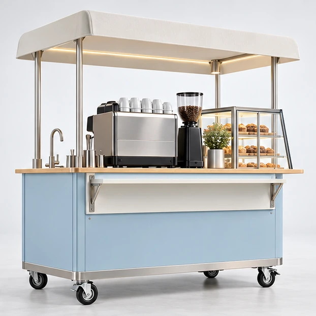Coffee and Pastry Cart with Glass Display Case opposite angle showing its complete footprint and display layout