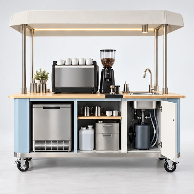 Coffee and Pastry Cart with Glass Display Case operator-side equipment, access, and storage view