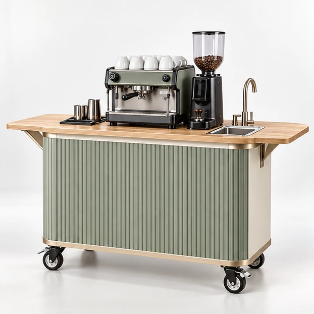 Commercial Espresso Coffee Cart with Integrated Sink main three-quarter product rendering