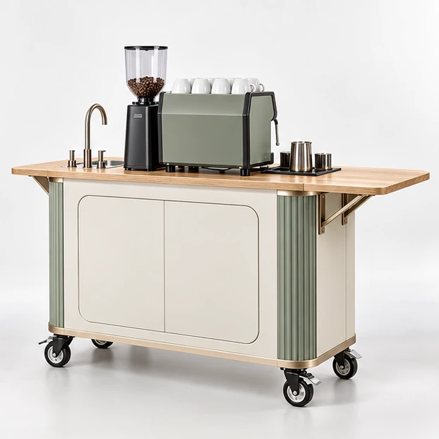 Commercial Espresso Coffee Cart with Integrated Sink opposite angle showing its complete footprint and display layout