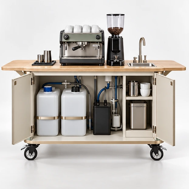 Commercial Espresso Coffee Cart with Integrated Sink operator-side equipment, access, and storage view