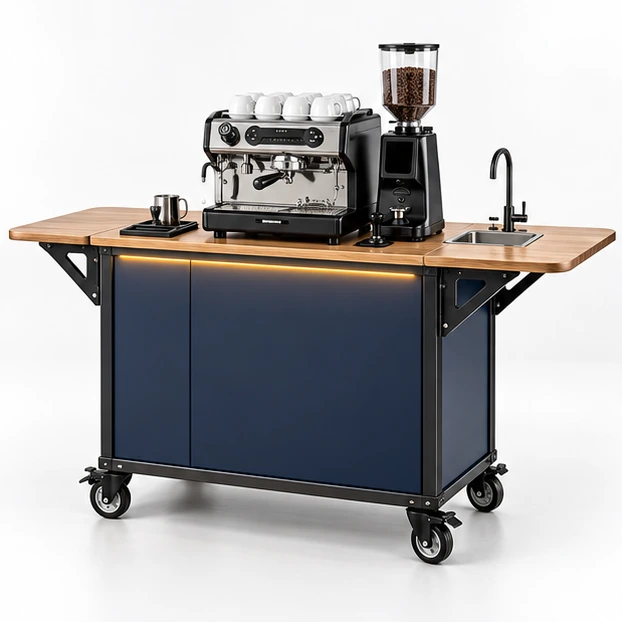 Compact Event Coffee Cart with Fold-Out Side Shelves main three-quarter product rendering