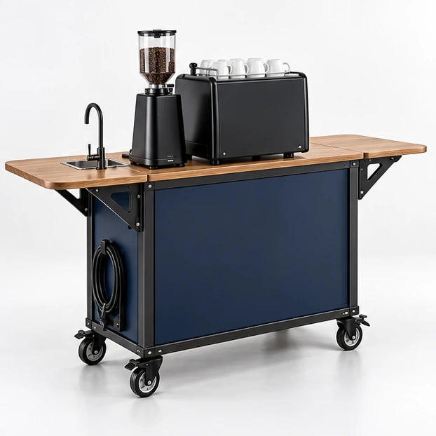 Compact Event Coffee Cart with Fold-Out Side Shelves opposite angle showing its complete footprint and display layout