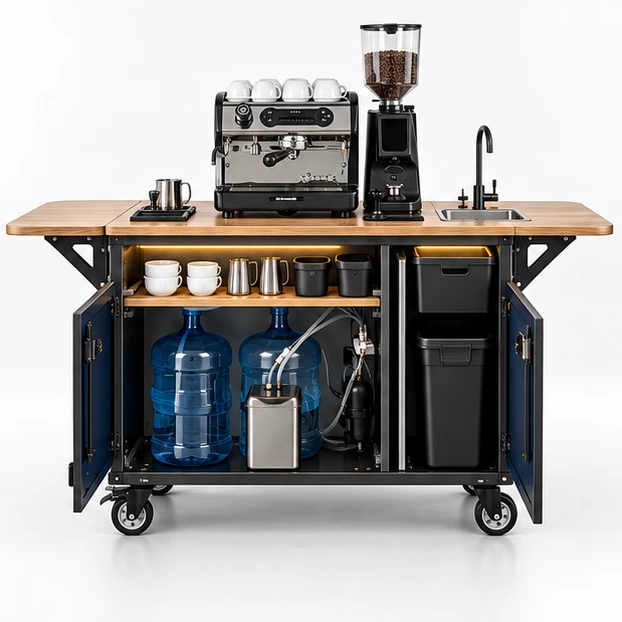 Compact Event Coffee Cart with Fold-Out Side Shelves operator-side equipment, access, and storage view
