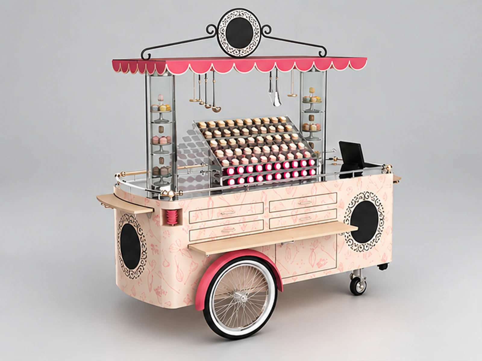 Creative cafe display booth design coffee cart with wheels used in mall main three-quarter view