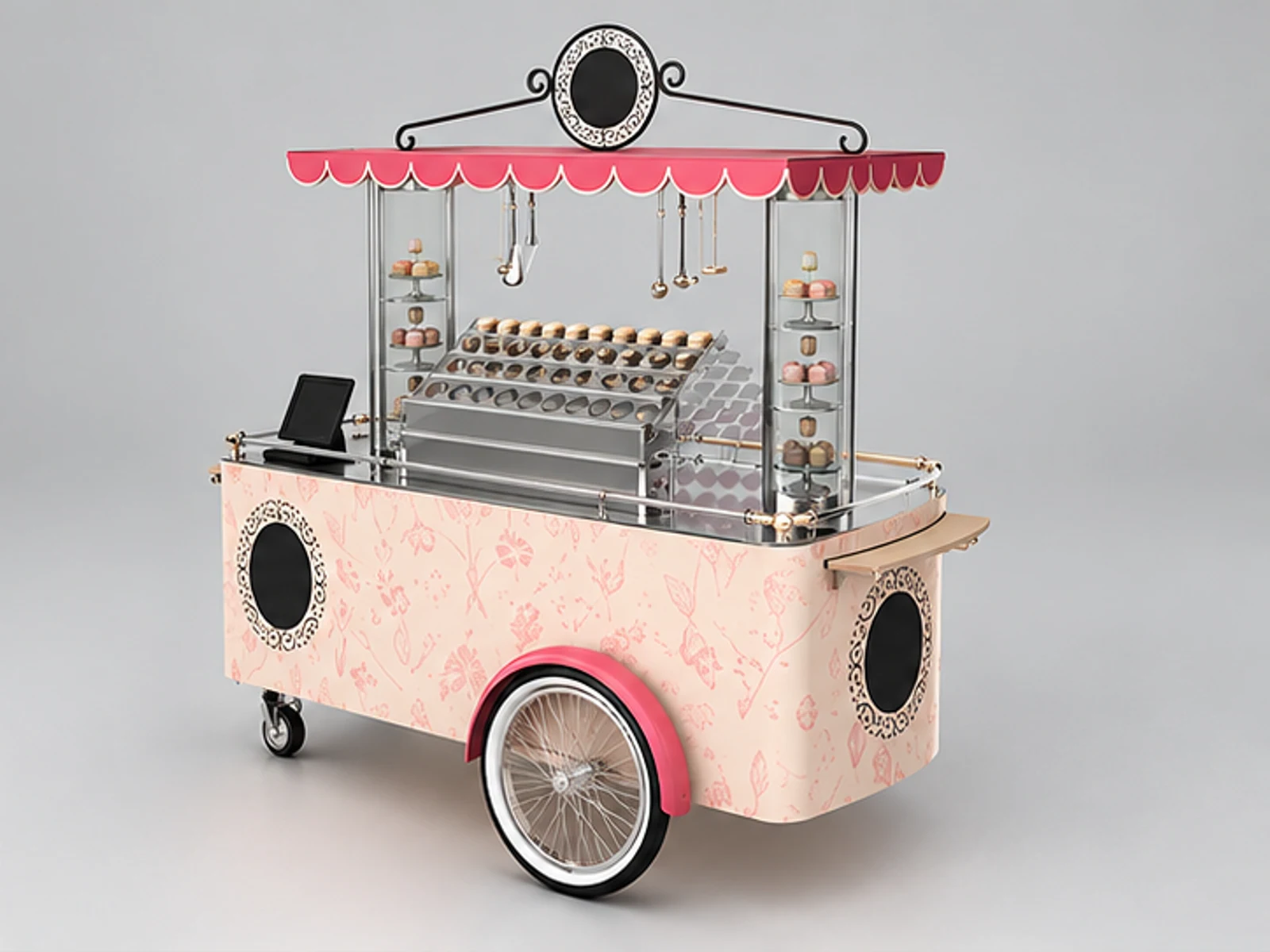 Creative cafe display booth design coffee cart with wheels used in mall opposite angle and overall footprint