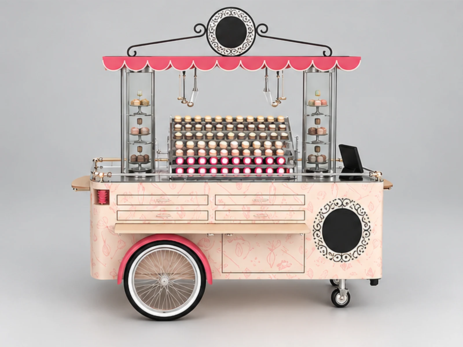 Creative cafe display booth design coffee cart with wheels used in mall customer-facing service and display view