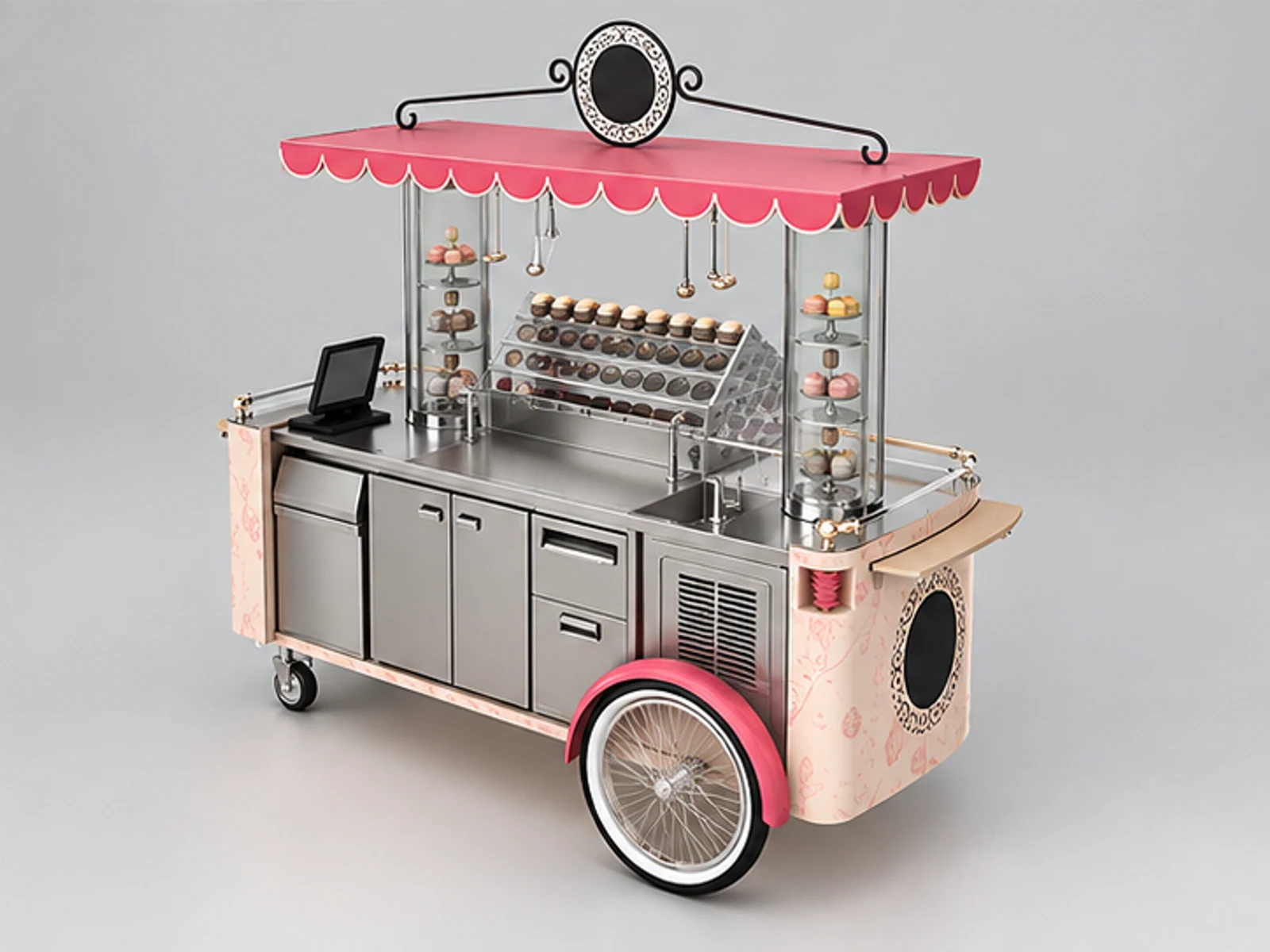 Creative cafe display booth design coffee cart with wheels used in mall staff-side equipment and storage view