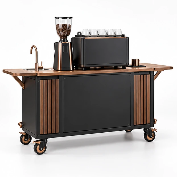 Franchise Coffee Cart with Replaceable Brand Panels opposite angle showing its complete footprint and display layout