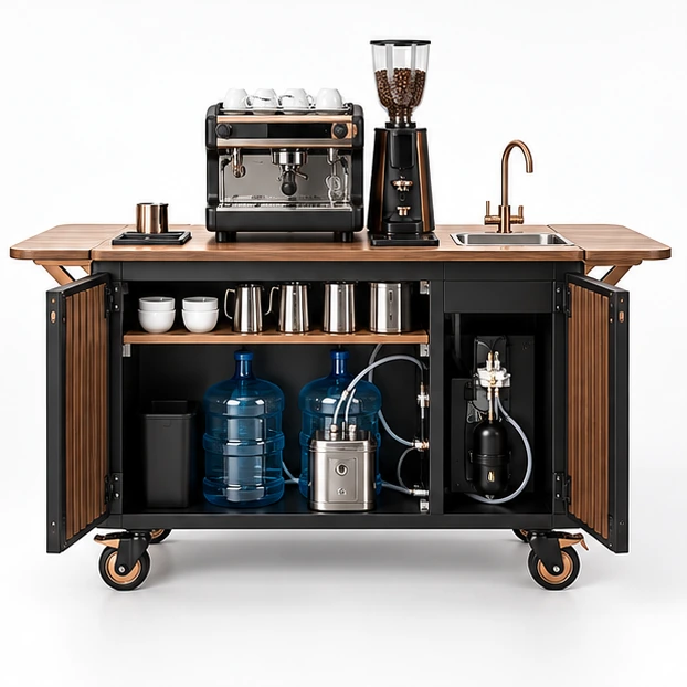 Franchise Coffee Cart with Replaceable Brand Panels operator-side equipment, access, and storage view