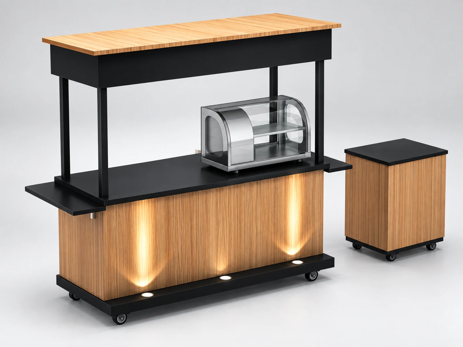 Functional mobile coffee cart push sushi trolley used for outdoors opposite angle and overall footprint
