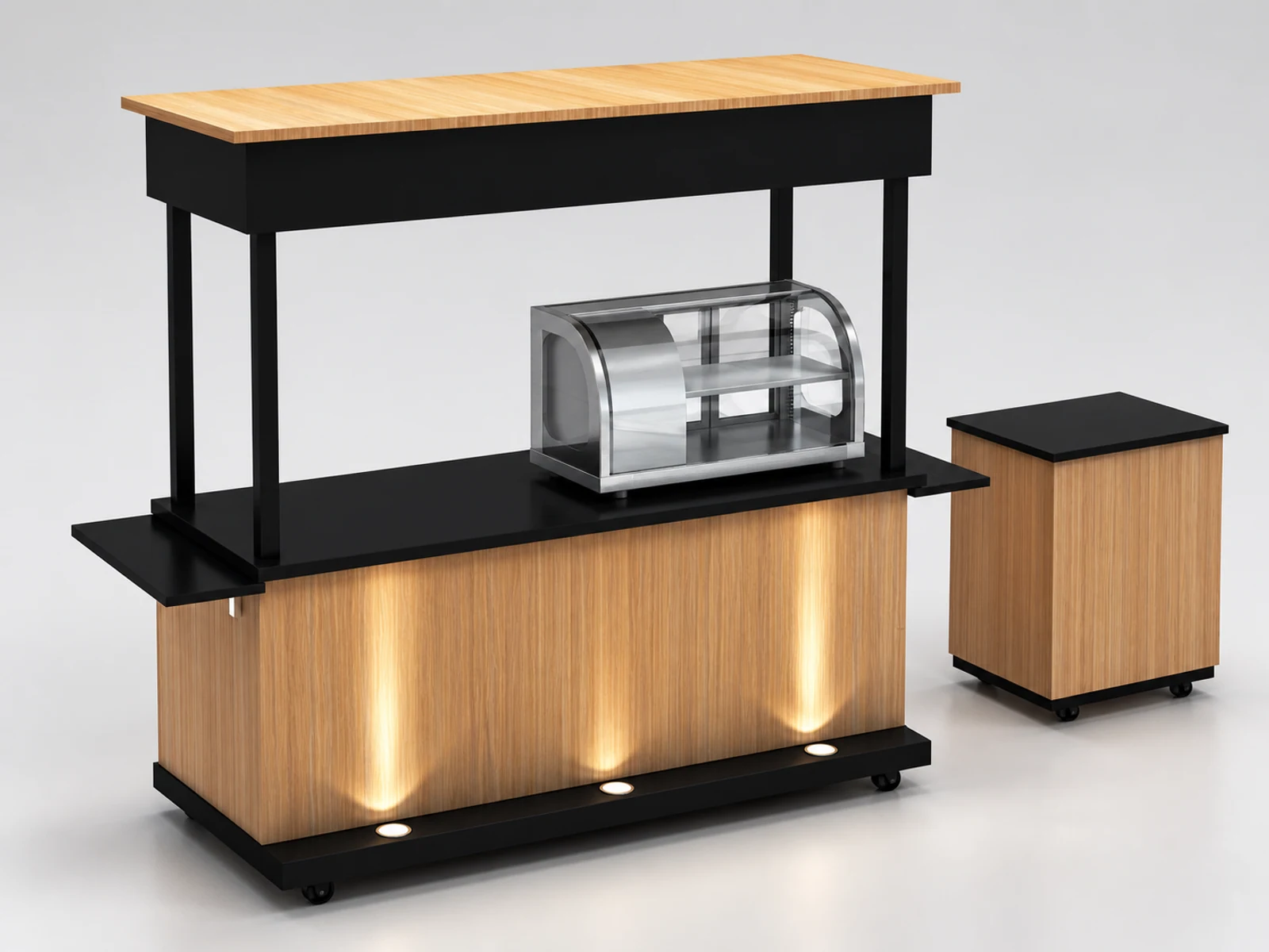 Functional mobile coffee cart push sushi trolley used for outdoors customer-facing service and display view
