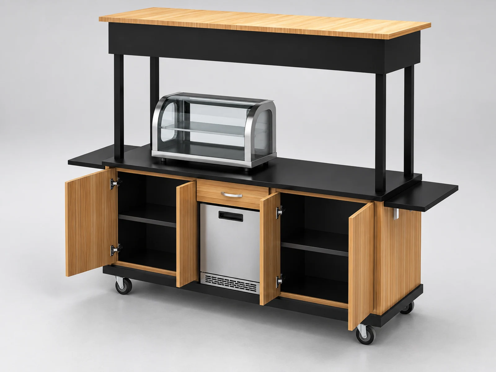 Functional mobile coffee cart push sushi trolley used for outdoors staff-side equipment and storage view