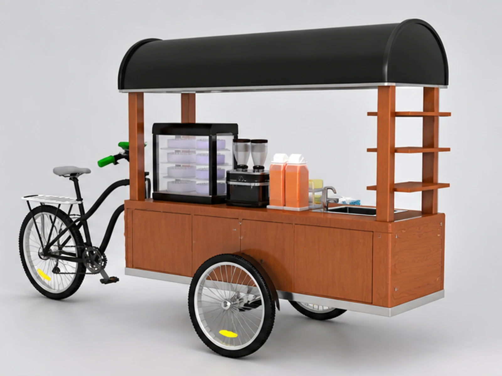High-end coffee retail cart tea display stand used in shopping center opposite angle and overall footprint