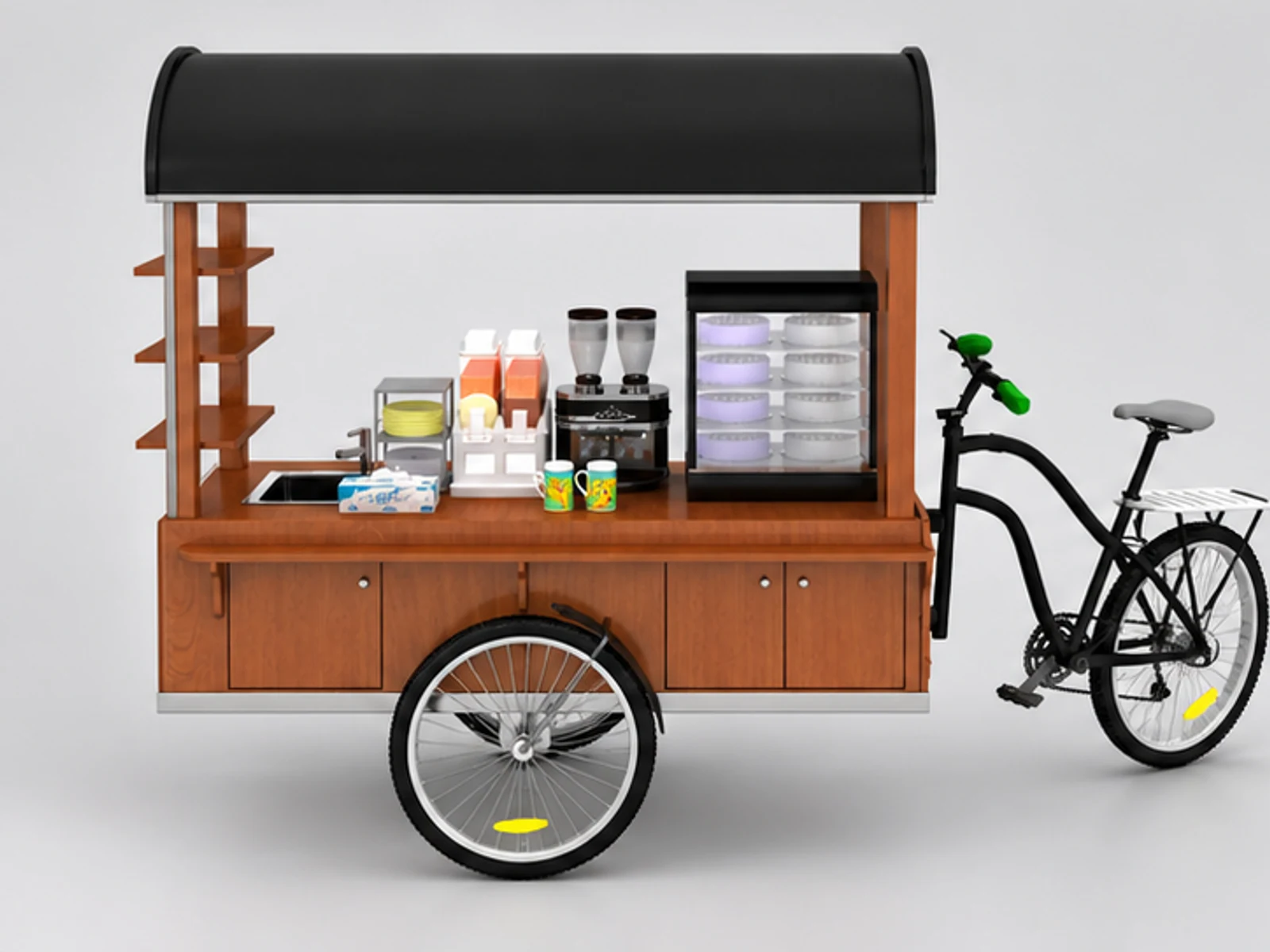 High-end coffee retail cart tea display stand used in shopping center customer-facing service and display view