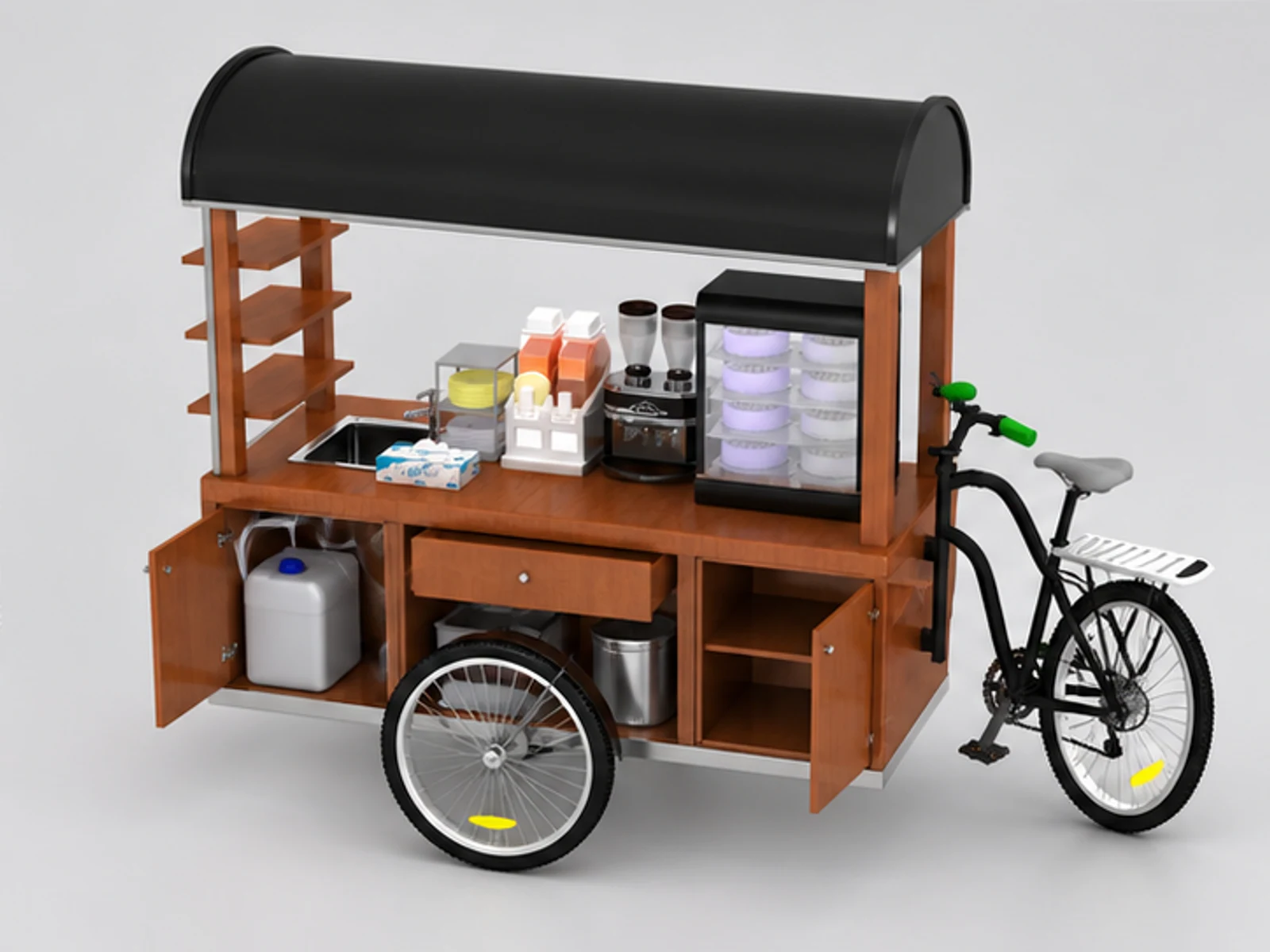 High-end coffee retail cart tea display stand used in shopping center staff-side equipment and storage view