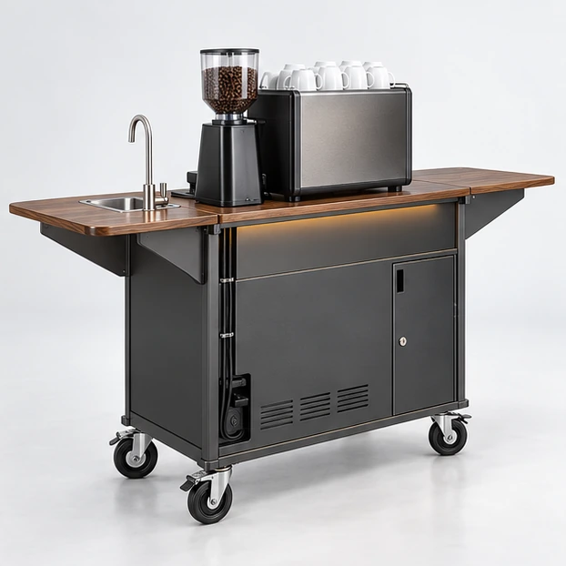 Hotel Coffee Cart with Lockable Storage opposite angle showing its complete footprint and display layout