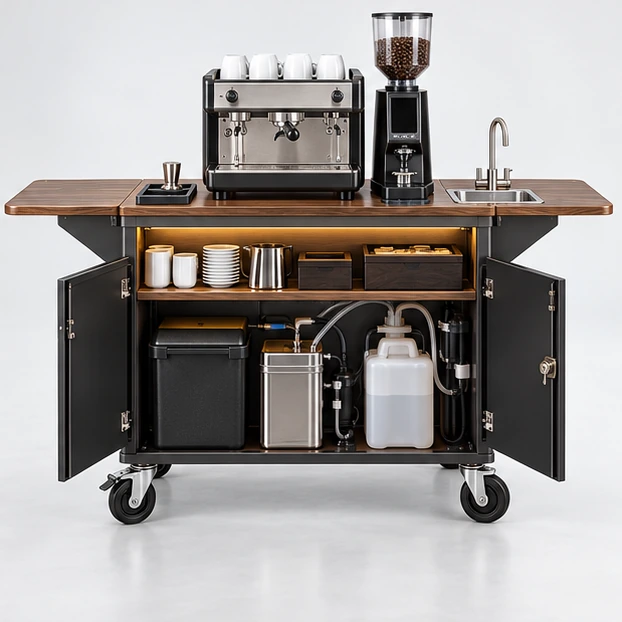 Hotel Coffee Cart with Lockable Storage operator-side equipment, access, and storage view