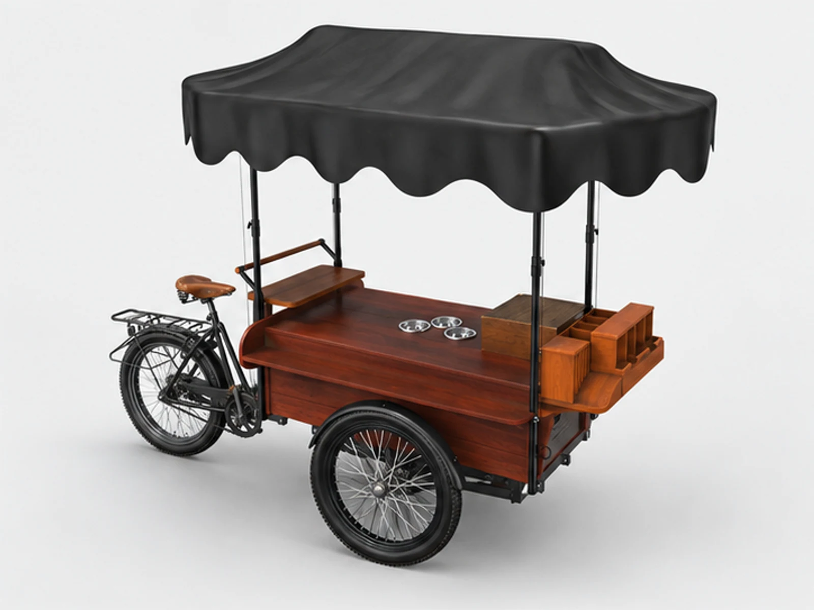 Mobile Coffee Bike Wooden High-end Coffee Display Kiosk Outdoor Beverage Stand opposite angle and overall footprint