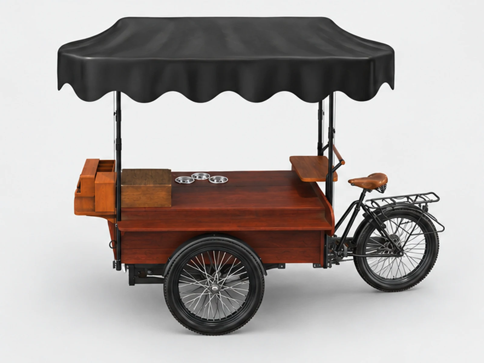 Mobile Coffee Bike Wooden High-end Coffee Display Kiosk Outdoor Beverage Stand customer-facing service and display view