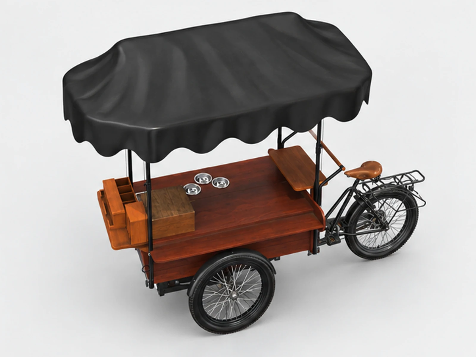 Mobile Coffee Bike Wooden High-end Coffee Display Kiosk Outdoor Beverage Stand staff-side equipment and storage view