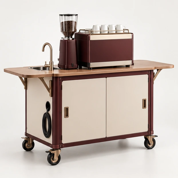 Modular Coffee Cart with Removable Water System opposite angle showing its complete footprint and display layout