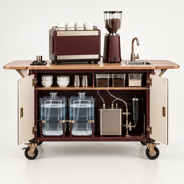 Modular Coffee Cart with Removable Water System operator-side equipment, access, and storage view