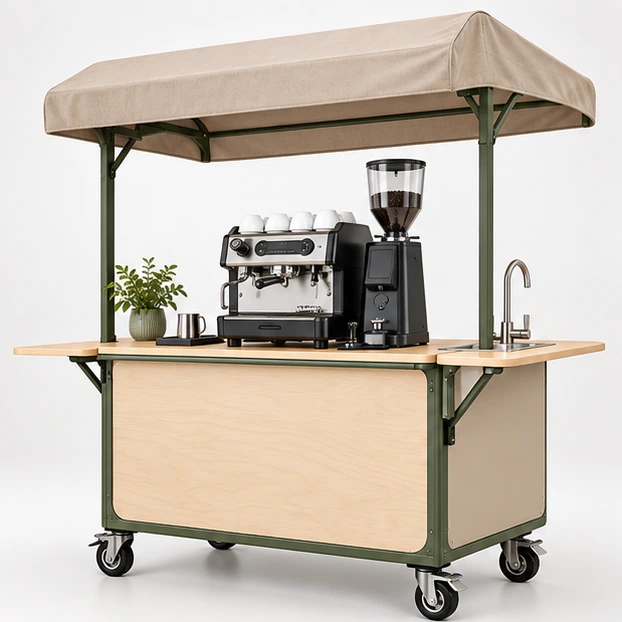 Outdoor Coffee Cart with Weather Canopy and Braked Casters main three-quarter product rendering