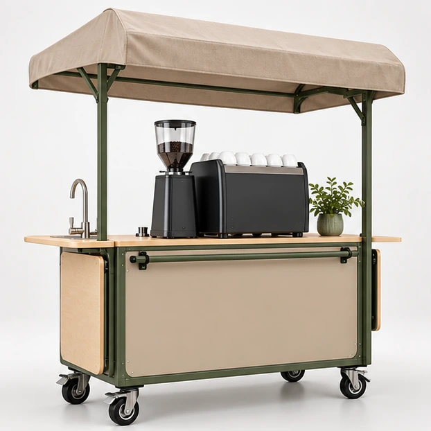 Outdoor Coffee Cart with Weather Canopy and Braked Casters opposite angle showing its complete footprint and display layout