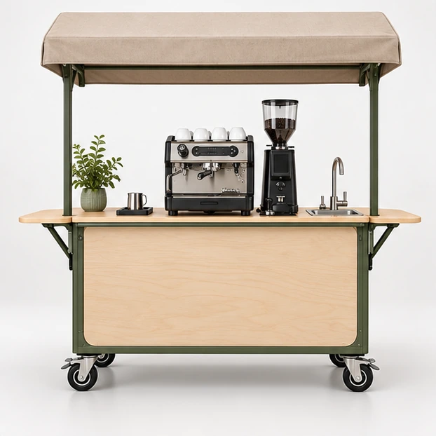 Outdoor Coffee Cart with Weather Canopy and Braked Casters customer-facing service and display view