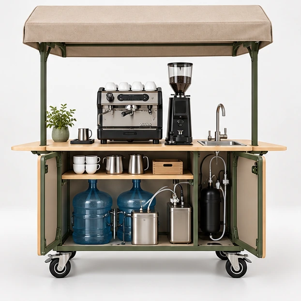 Outdoor Coffee Cart with Weather Canopy and Braked Casters operator-side equipment, access, and storage view