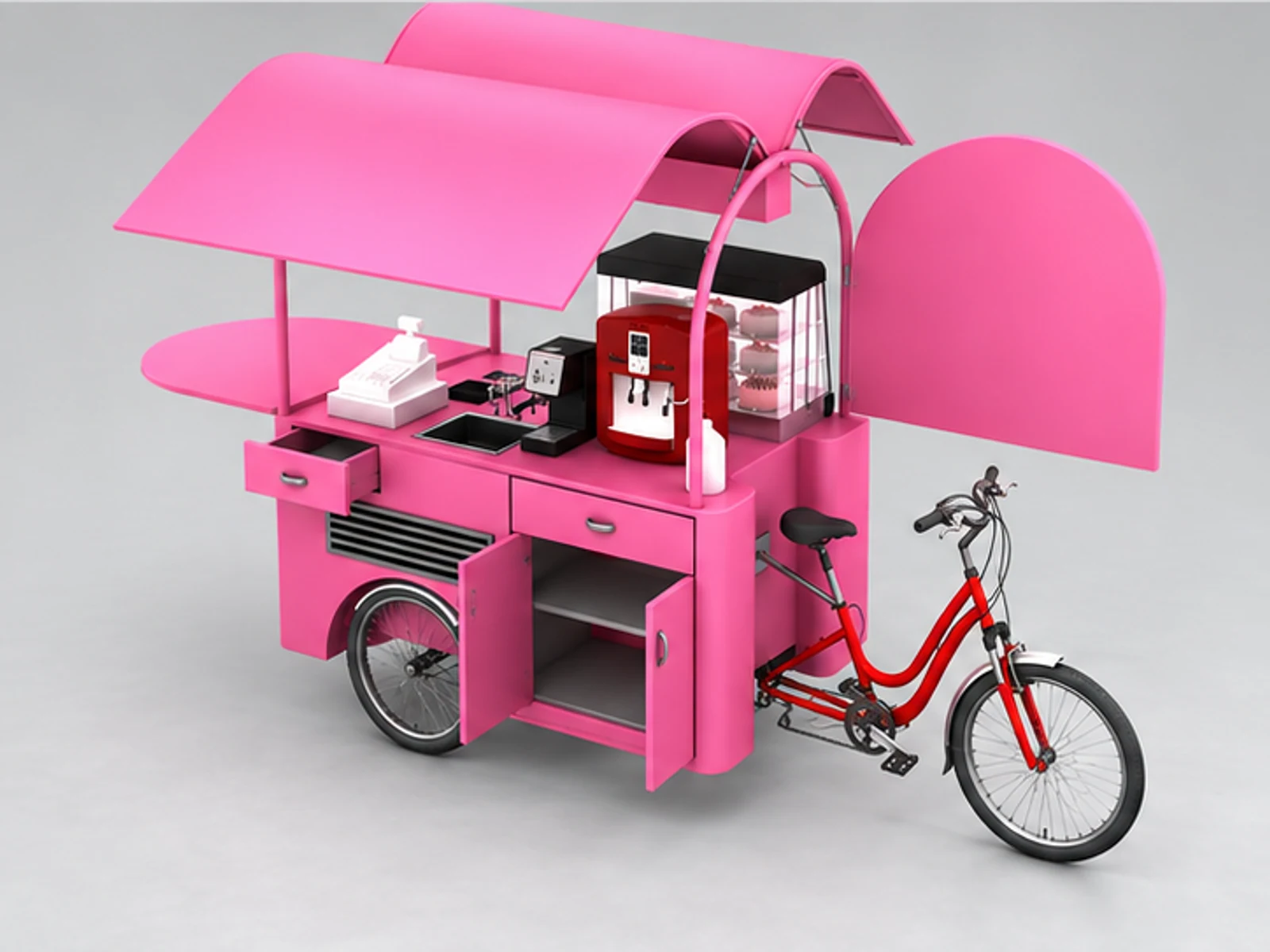 Outdoor coffee display cart | attractive street cafe stand for sale staff-side equipment and storage view