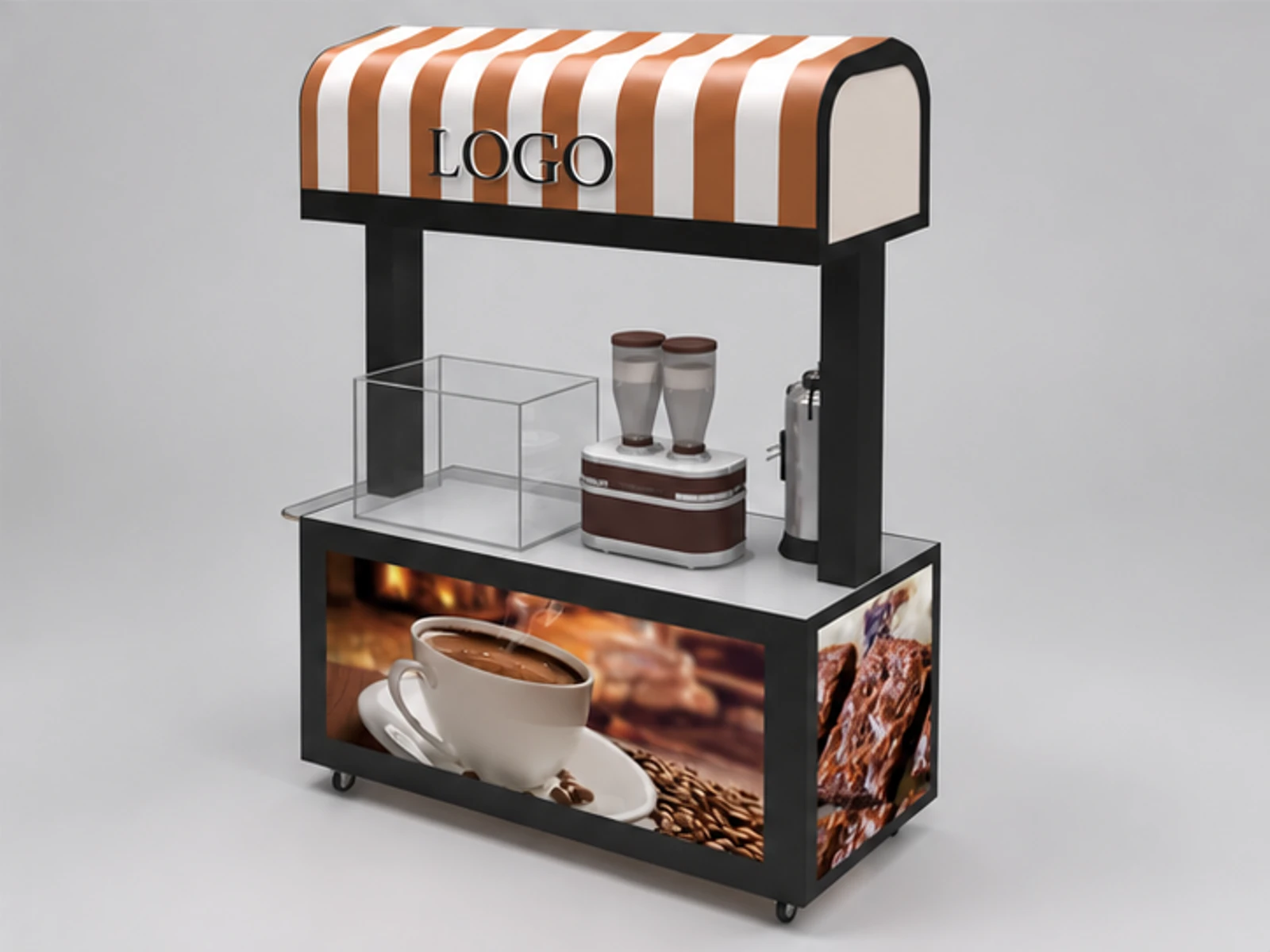 Outdoor coffee display cart | street bread booth for sale staff-side equipment and storage view