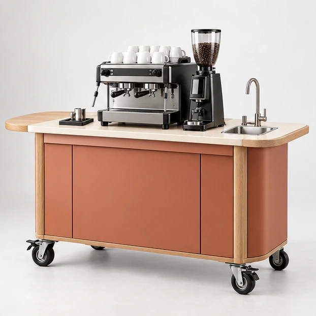 Premium Mobile Coffee Cart with Walnut Worktop main three-quarter product rendering