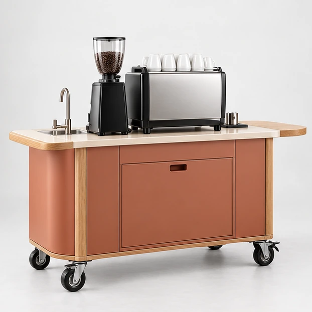 Premium Mobile Coffee Cart with Walnut Worktop opposite angle showing its complete footprint and display layout