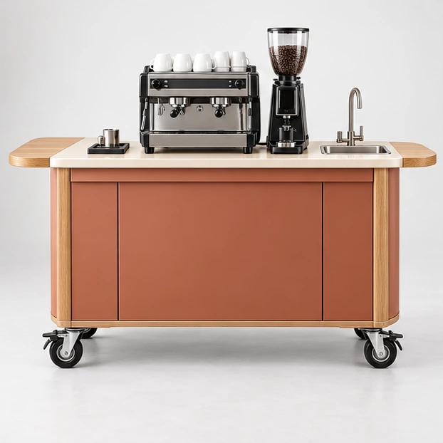 Premium Mobile Coffee Cart with Walnut Worktop customer-facing service and display view