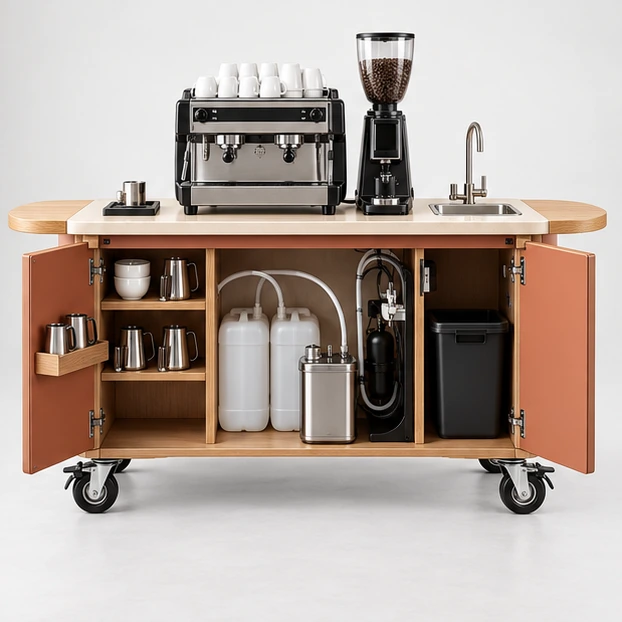 Premium Mobile Coffee Cart with Walnut Worktop operator-side equipment, access, and storage view