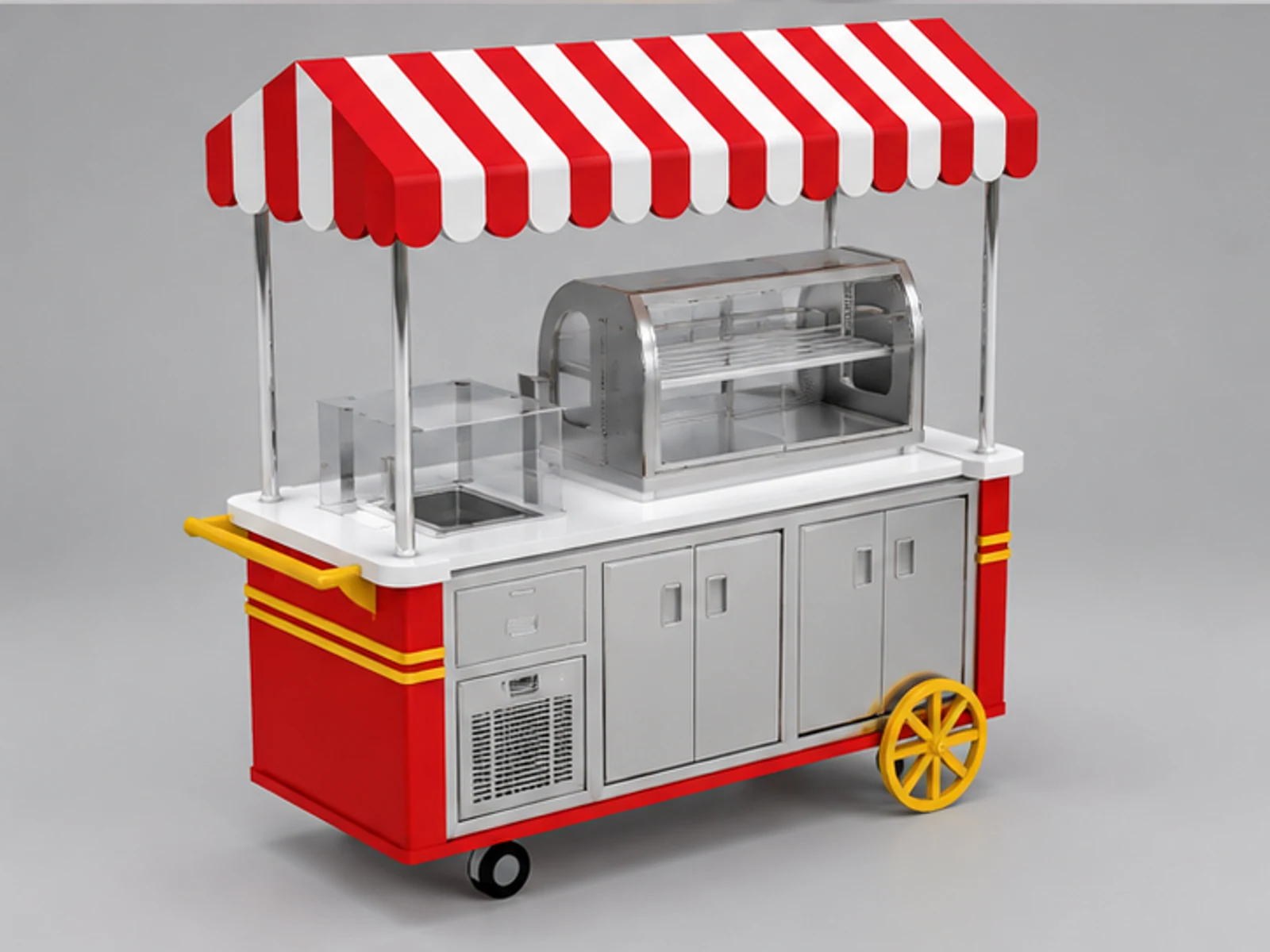 Red style outdoor food cart | cake & coffee stand in the street staff-side equipment and storage view