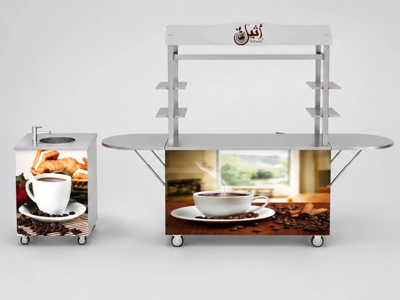Saudi Arabia Coffee Cart Design with Water System | Stainless Steel Drink Cart Retail Food Booth for Sale customer-facing service and display view