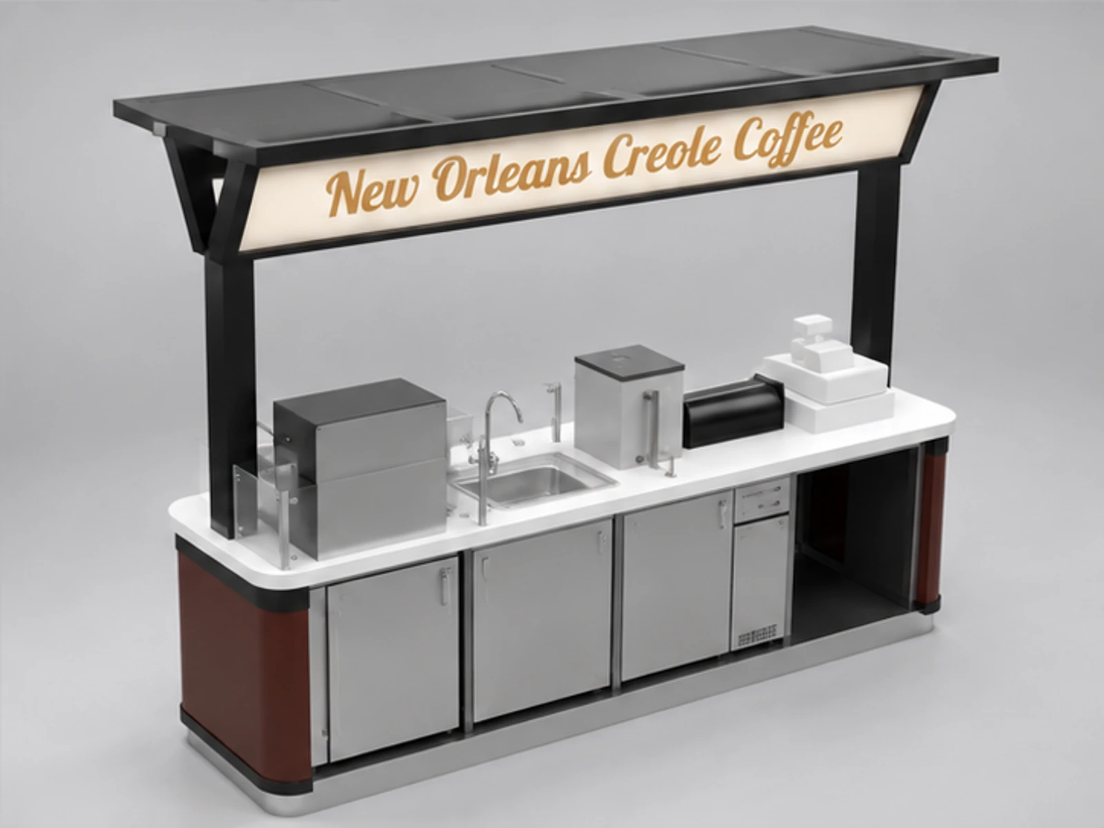 Stainless Steel Coffee Cart | Mobile Retail cafe kiosk booth with Ceiling for Sale staff-side equipment and storage view