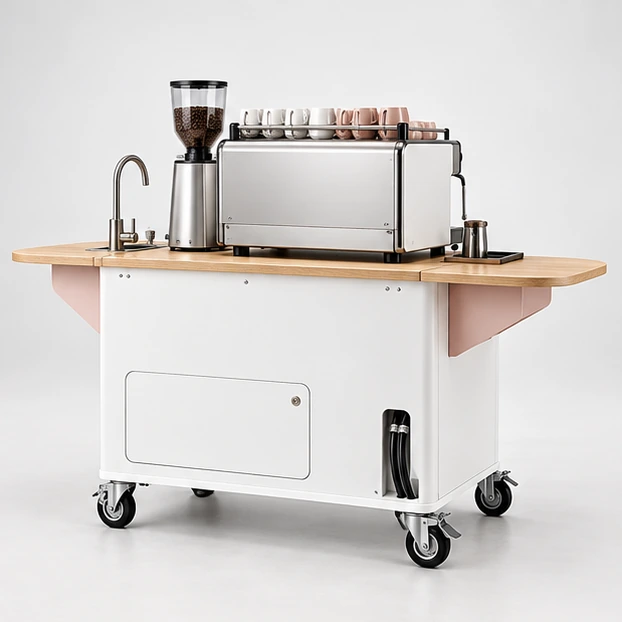 Two-Group Espresso Coffee Cart with Reinforced Equipment Deck opposite angle showing its complete footprint and display layout