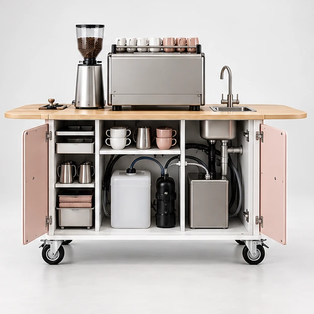 Two-Group Espresso Coffee Cart with Reinforced Equipment Deck operator-side equipment, access, and storage view