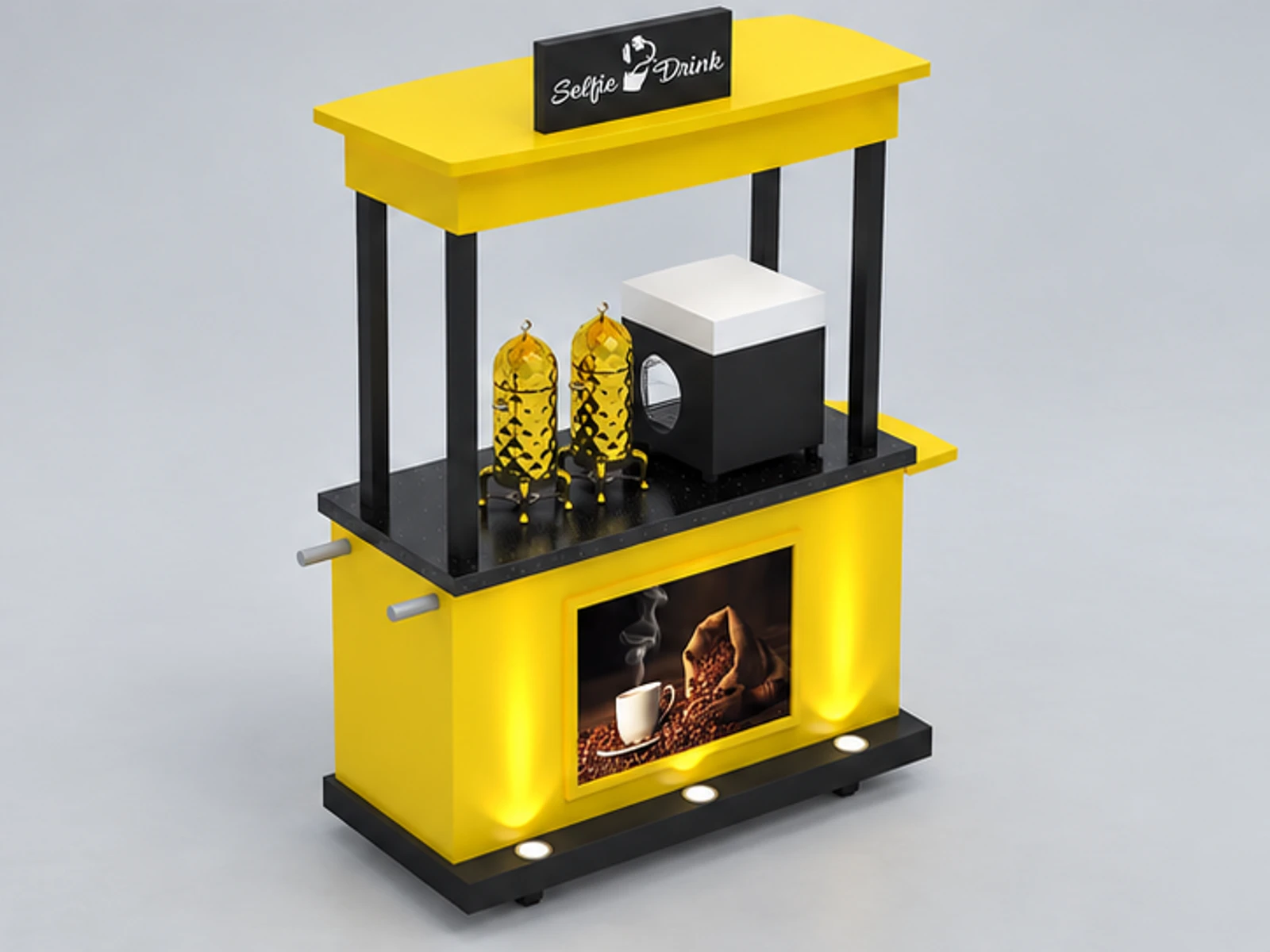 Yellow color coffee stand|Netherlands street coffee cart staff-side equipment and storage view