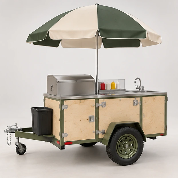 Catering Hot Dog Cart with Lockable Storage and Waste Bin opposite angle showing its complete footprint and display layout