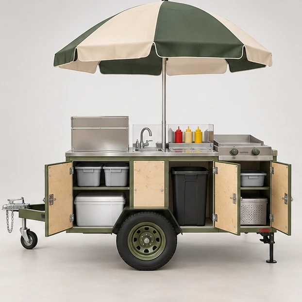 Catering Hot Dog Cart with Lockable Storage and Waste Bin operator-side equipment, access, and storage view