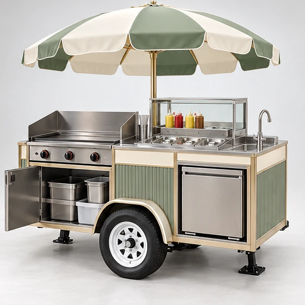 Commercial Hot Dog Cart with Grill and Condiment Rail operator-side equipment, access, and storage view
