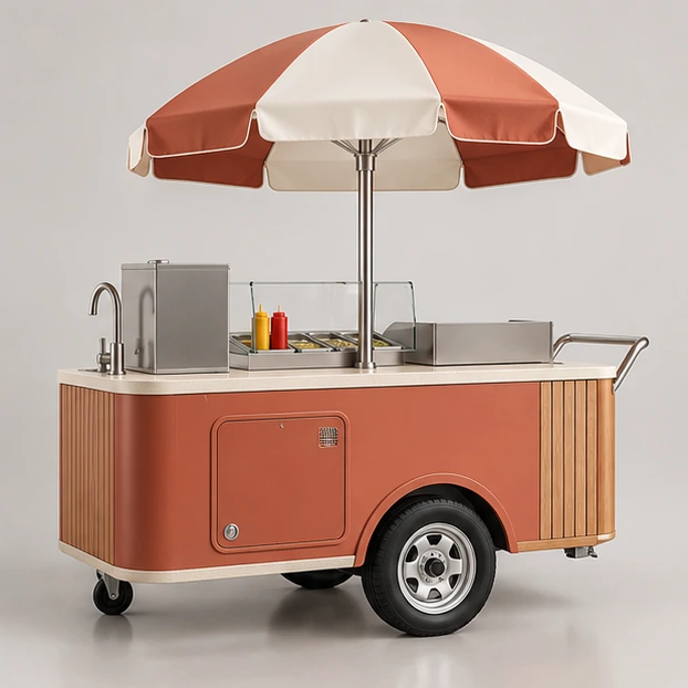 Compact Push Hot Dog Cart with Canopy and Water System opposite angle showing its complete footprint and display layout