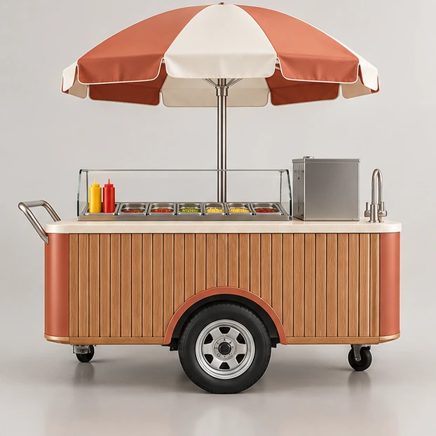 Compact Push Hot Dog Cart with Canopy and Water System customer-facing service and display view